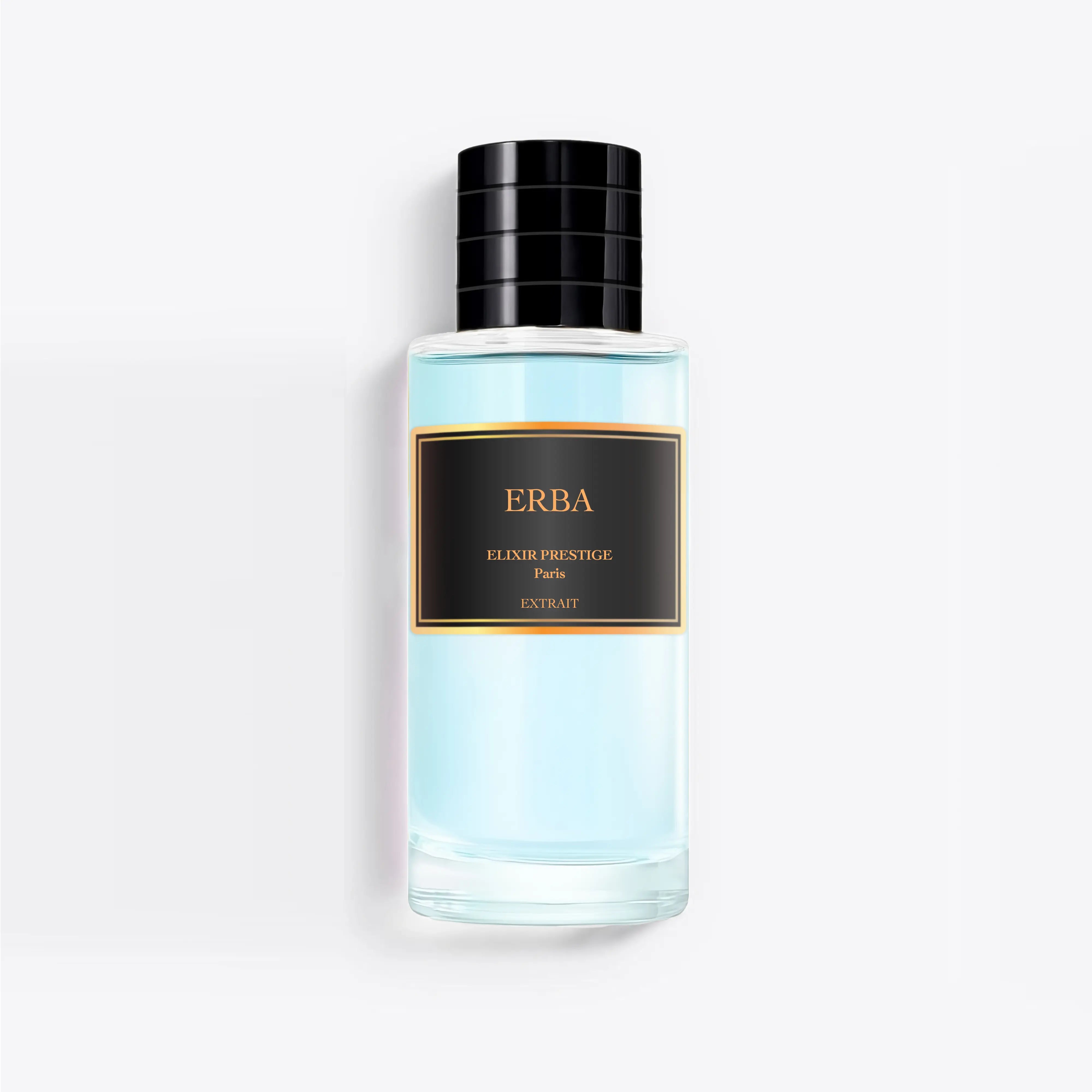 Flacon d'Erba Parfum aux reflets bleus contenant une fragrance fruitée aux agrumes siciliens