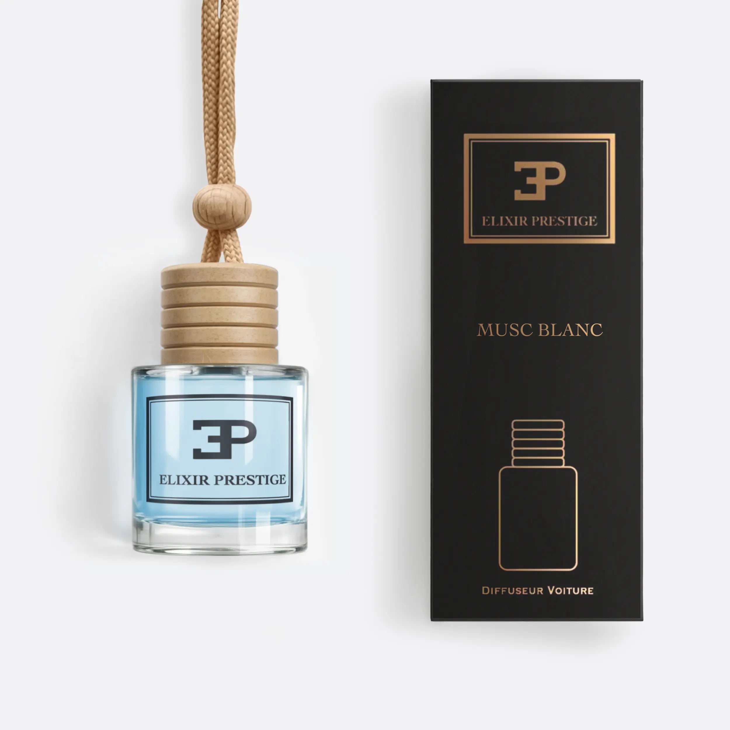 Flacon et boîte du parfum Musc Blanc d'Elixir Prestige, design minimaliste