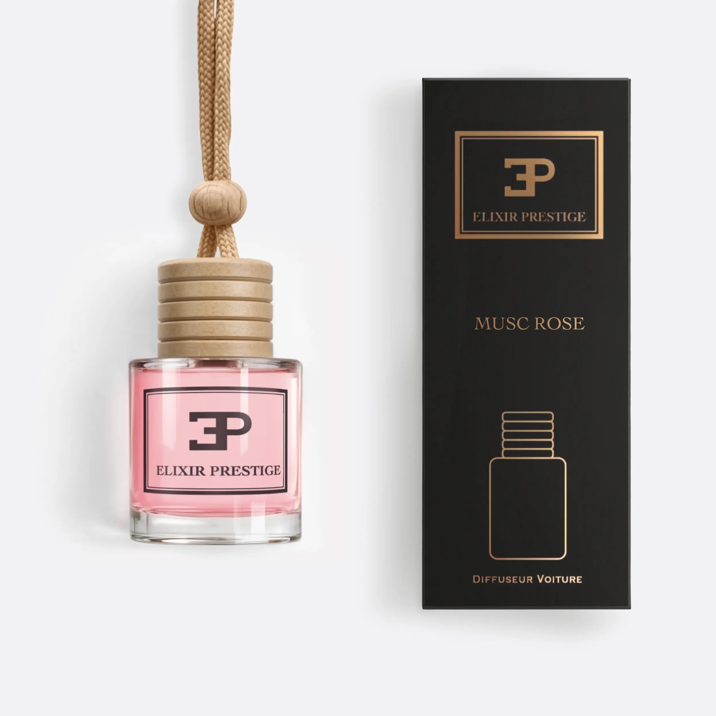 Flacon et boîte du parfum Musc Rosé d'Elixir Prestige sur fond blanc