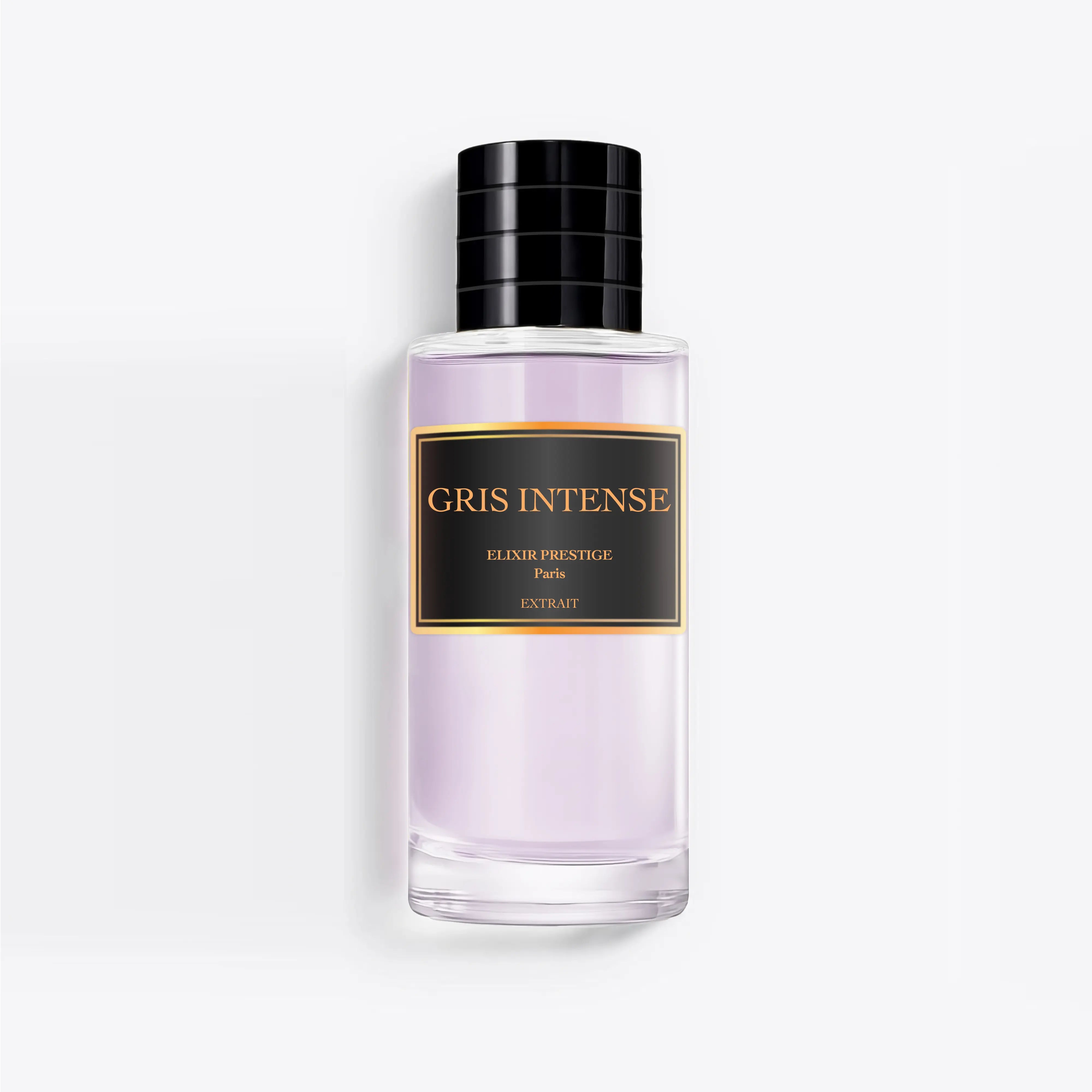 Parfum gris intense flacon en verre transparent avec bouchon noir