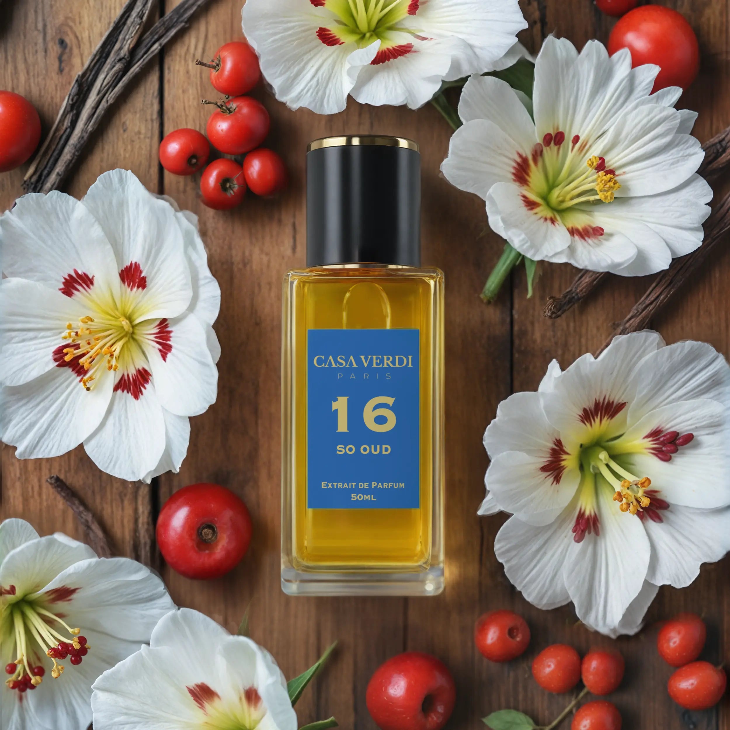 Parfum So Oud 16 avec fleurs blanches, baies rouges et vanille