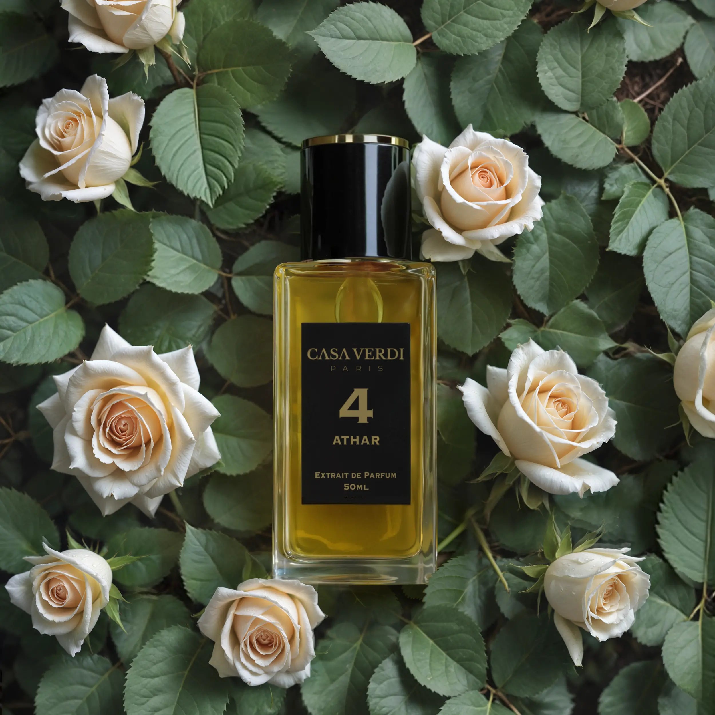 Athar parfum de Casa Verdi entouré de roses blanches illustrant ses notes florales orientales